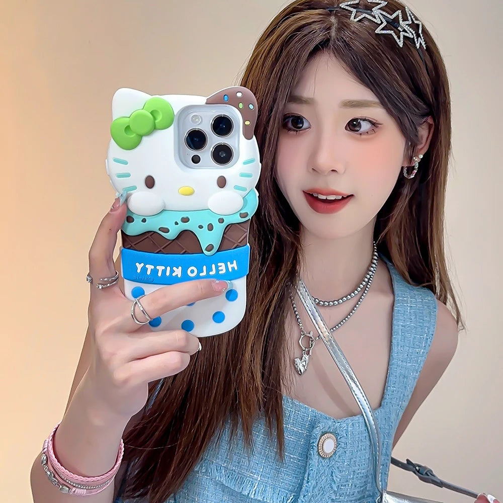 Cute 3D Ice Cream Sanrios Hello Kitty Phone Case for IPhone 15 14 13 12 11 Pro Max Drop-resistant Soft Silicone Back Cover Gift