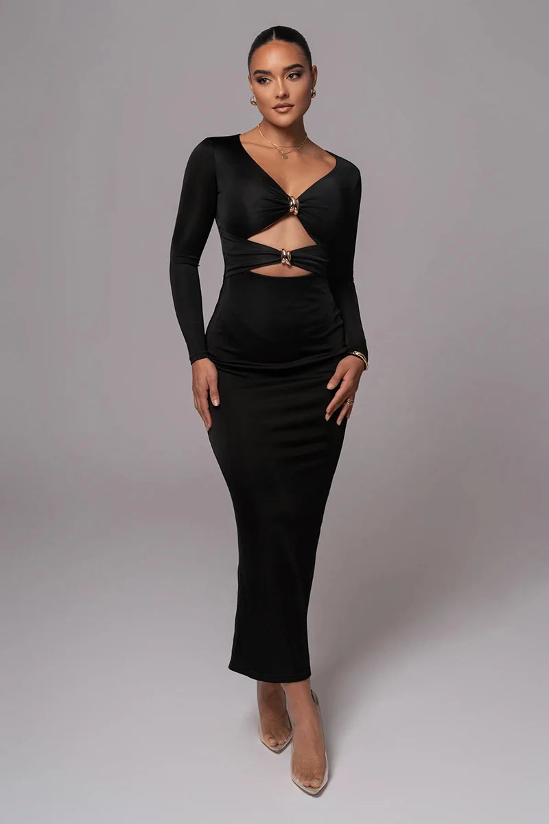 Mozision hollow out long sleeve sexy maxi dress for women fashion solid V neck back split bodycon club long dress elegant