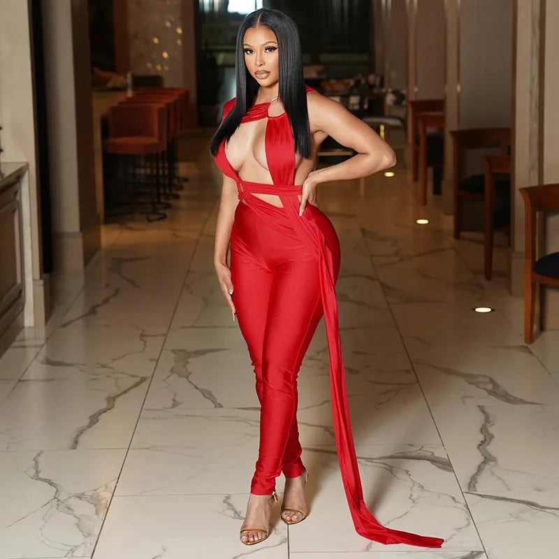 Joskaa Sexy Hollow Bandage Irregular Jumpsuit Women Summer Sleeveless Backless Ribbon Skinny Rompers 2025 Midnight Clubwear