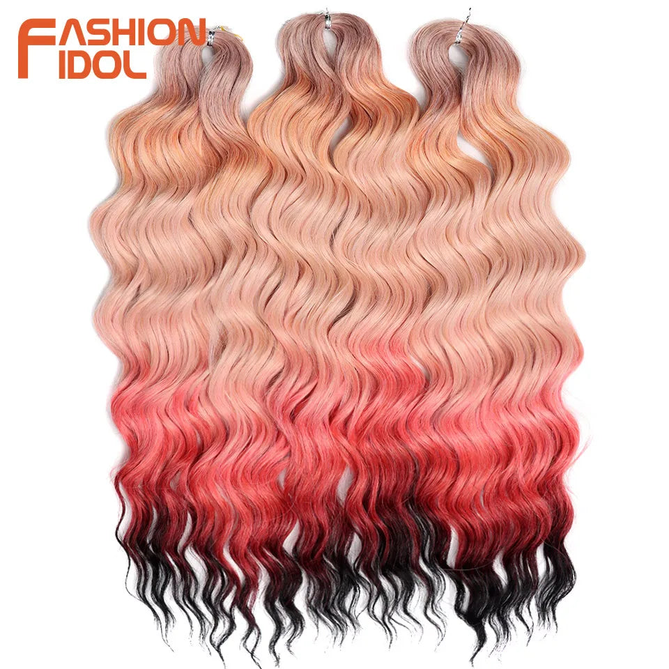 FASHION IDOL 24Inch Crochet Hair Synthetic Water Wave Braiding Hair Extensions Ombre Rainbow color Fake Hair Deep Wave Curl Hair