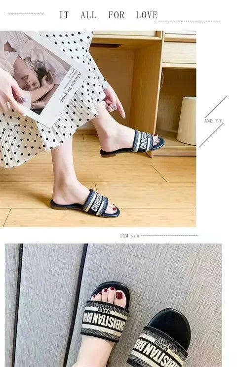 2024 Letter Slippers Fashion Flat Woman Single Shoes Casual Shoes Female Outer Wear Letter Sandals Women's Shoes Flat