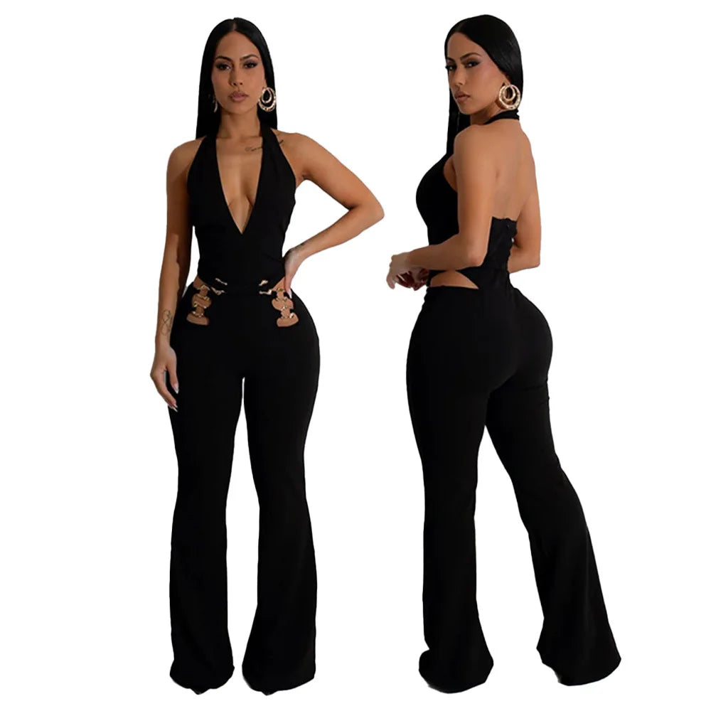 CM.YAYA Women V-Neck Backless Straight Sleeveless Flare Jumpsuits 2025 Summer Hollow Out Sexy One Piece Set Streetwear Outfits