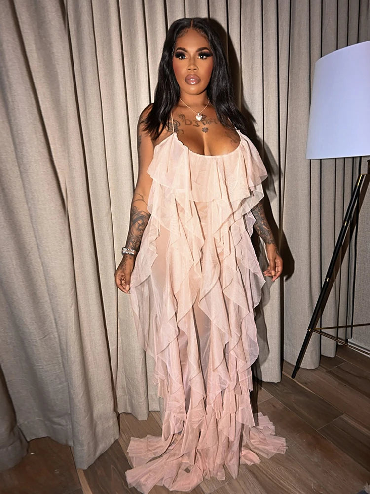 Chic and Elegant Summer Dress Women Halter Sexy Birthday Dress Transparent Mesh Backless Maxi Dress Wholesale Dropshipping
