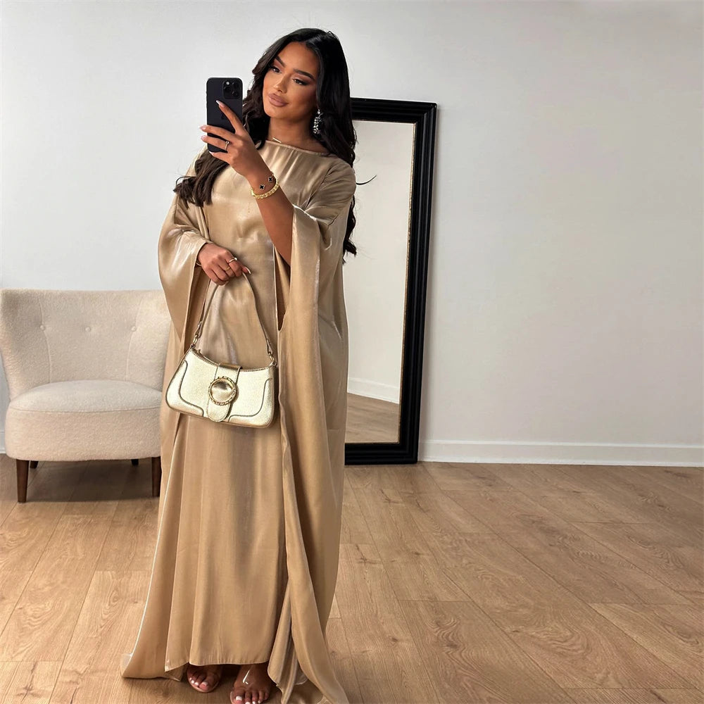 Batwing Butterfly Sleeve Satin Khimar Abaya Dubai Muslim Maxi Dress Kaftan Abayas For Women Kebaya Caftan Robe Femme Vestidos