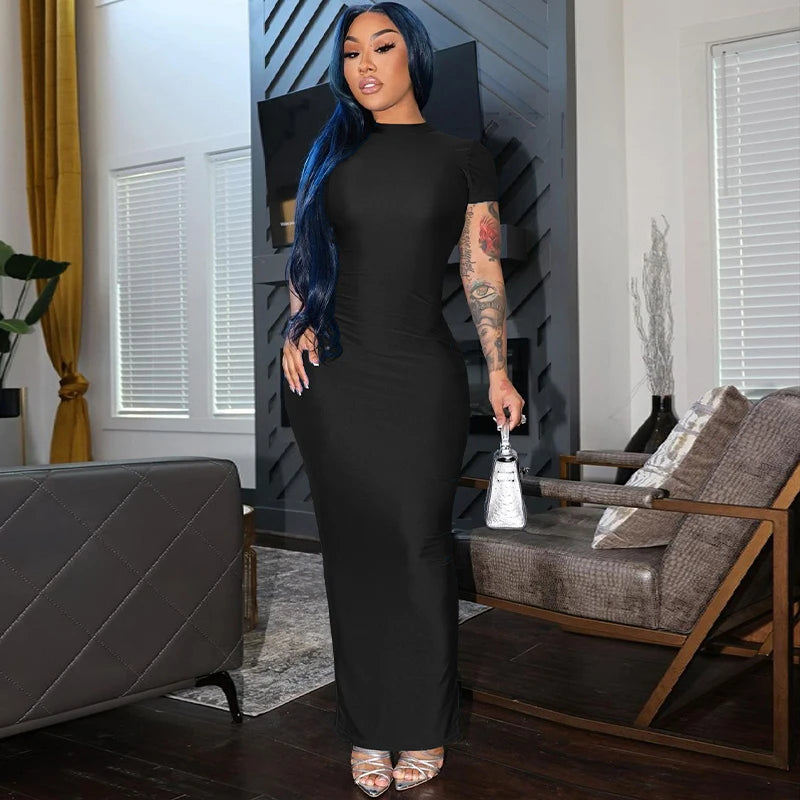 Hugcitar Pure Color O Neck Short Sleeve Slit Sexy Bodycon Slim Maxi Prom Dress 2024 Summer Women Elegant Party Festival Clothes