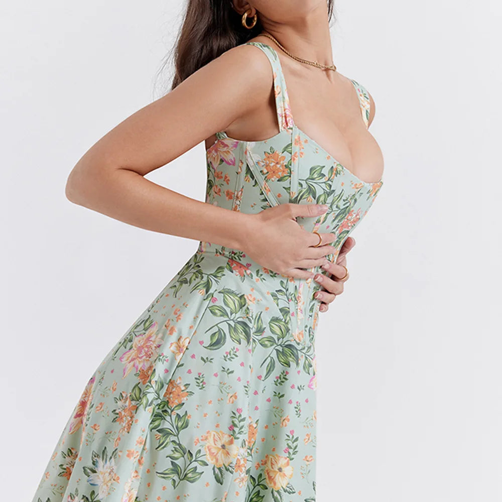 Suninheart Summer Pink Floral Print Corset Dress Midi Elegant Sexy Party Dresses Holiday Birthday Casual A Line Women Clothing