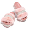 Women Fur Rhinestone Slippers Platform Wedges Without Heel Fluffy Furry Slides Flat Flip Flops Shoes Ladies Shiny Bling