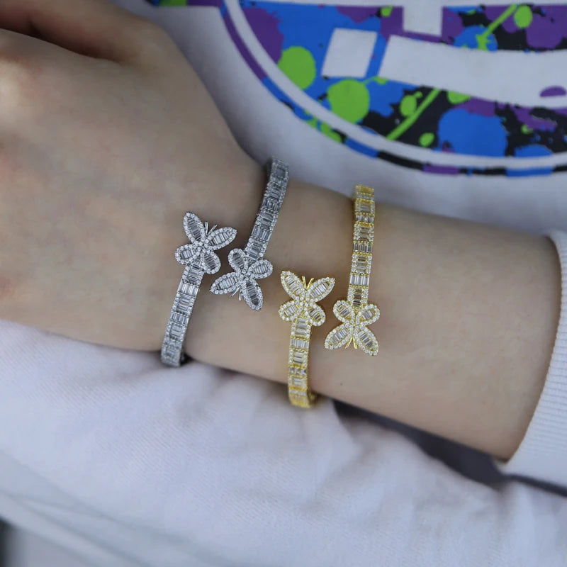 New Iced Out Bling Opened Butterfly Charm Bracelet Silver Color Zircon Insects Bangle For Men Women Hip Hop Luxury Jewelry