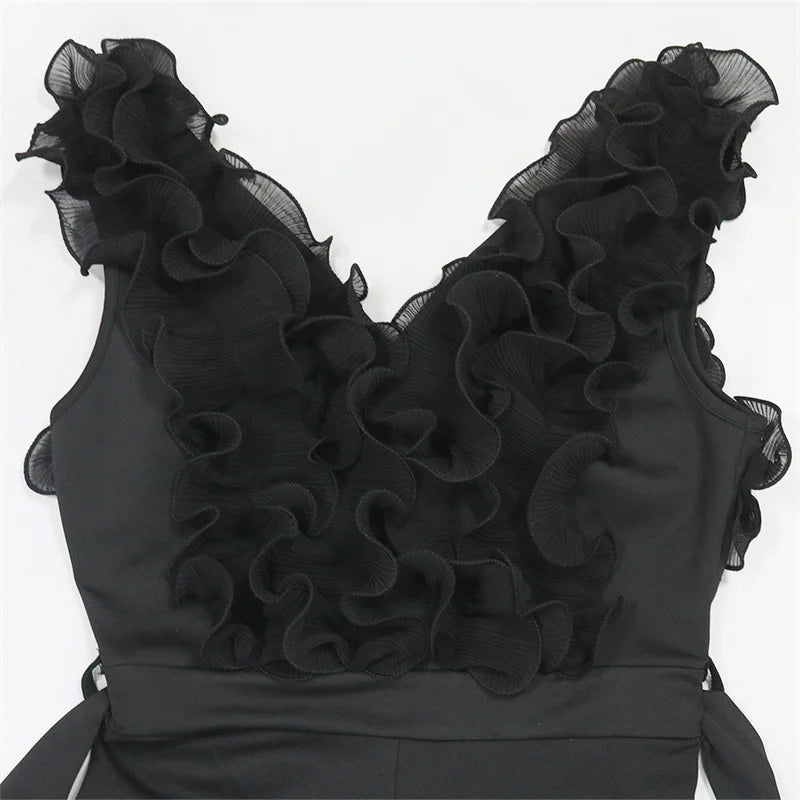 New 2025 Summer Women V Neck Sleeveless Elegant Straight Jumpsuits Edible Tree Fungus Sexy Birthday Party Jumpsuit Rompers Black