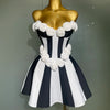 2025New Women Flower Decoration Strapless Black White Stripe Bandage Short Dress Cocktail Party Elegant Evening Club Party Dress