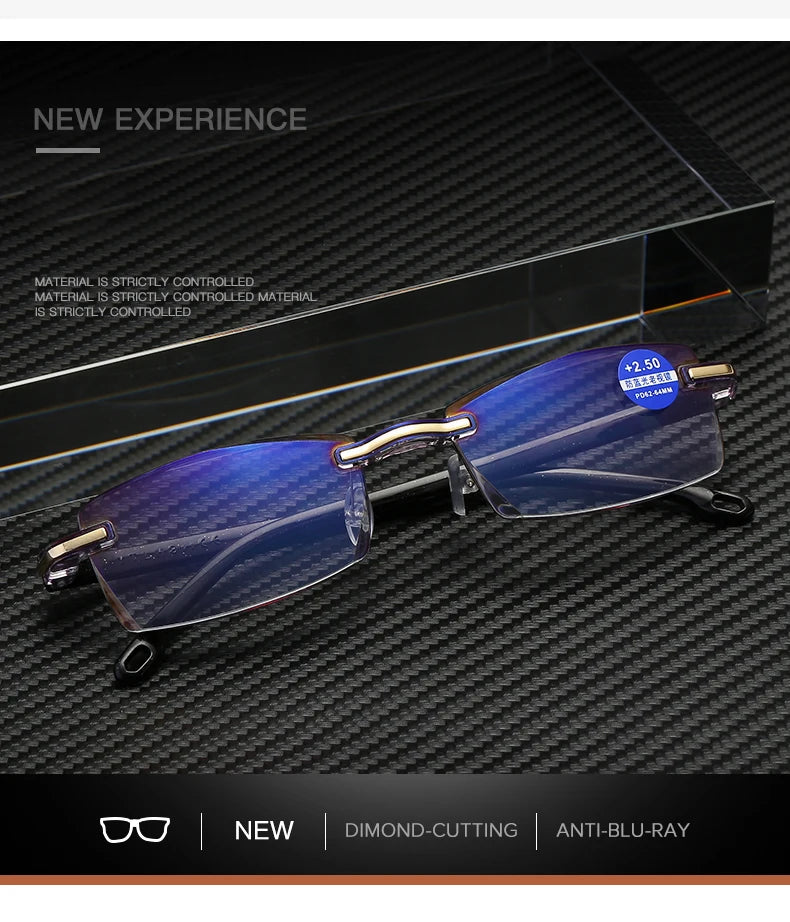 Men Blue Light Blocking Reading Glasses Women Dimond Cutting Rimless Eyeglasses Frame Anti Fatigue Hyperopia Presbyopic Eyewear