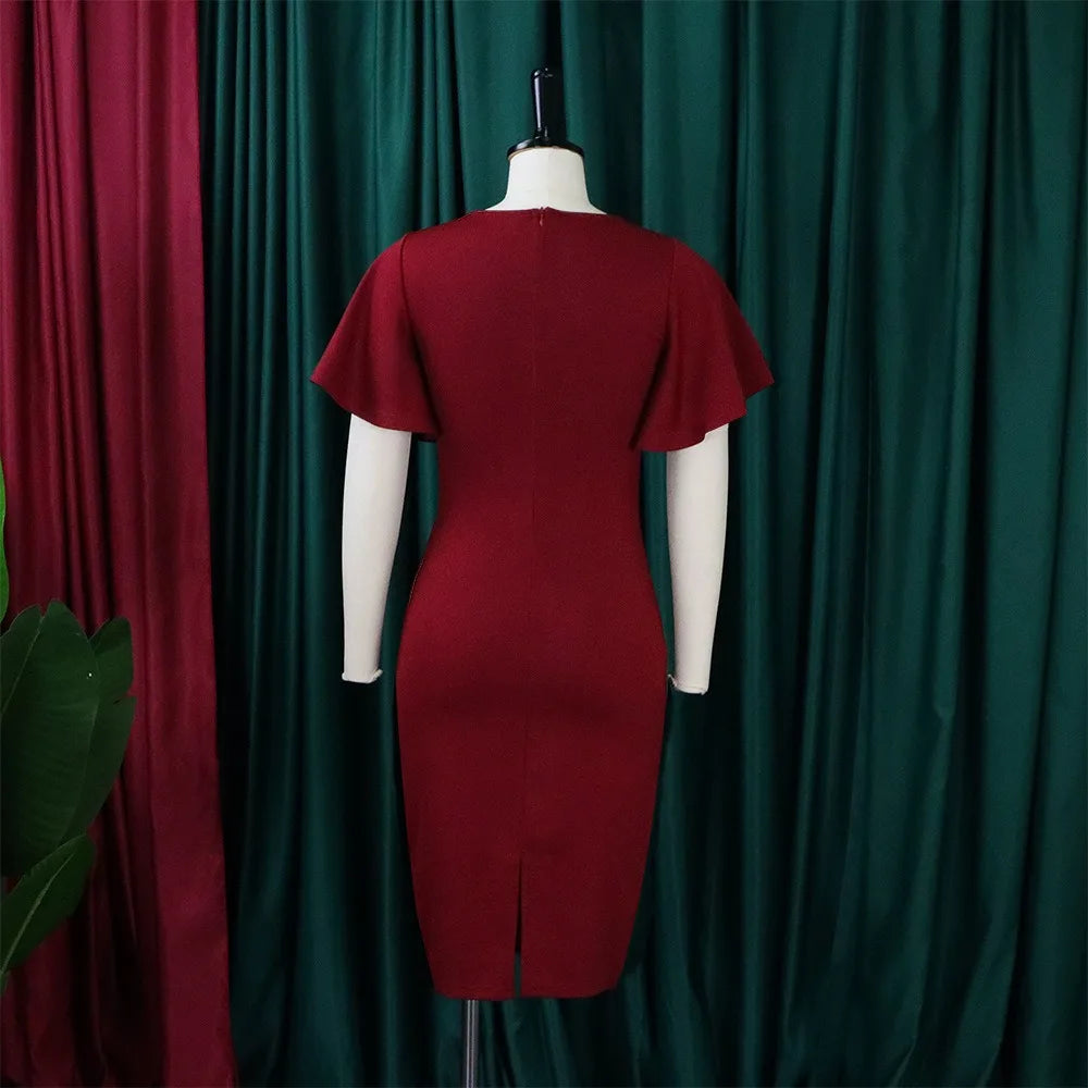 Dress Women Mid Length Dresses Green Slim Ruffles Bodycon Round Neck Short Sleeve Sexy Elegant Party High Waist Vestidos