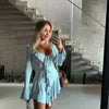 Ruffled Lace-Up White Mini Dress Women's V-Neck Patchwork Long Sleeve Sexy Slim Dress Bandage Elegant Female Summer Dress