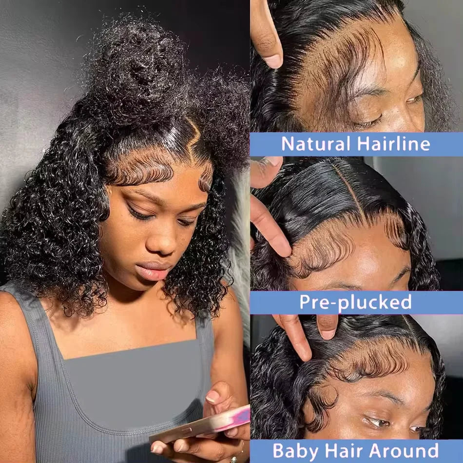 200% Density  Bob Wigs Short Pixie Cut Water Wave Wigs Human Hair Natural Black Brazilian Deep Curly Wigs For Black Woman  ﻿