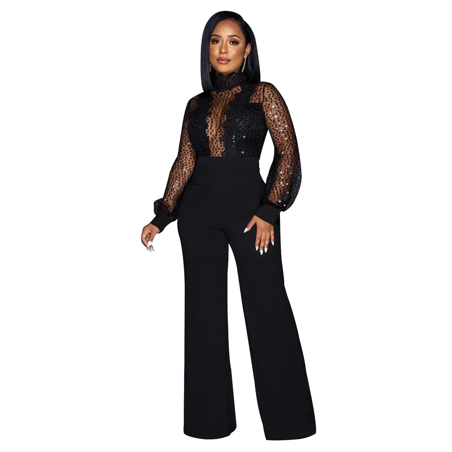 Fashion Women's Clothing Hollow Long-sleeved Loose Wide Leg Jumpsuits Overall Pants Solid Color Sexy Lace