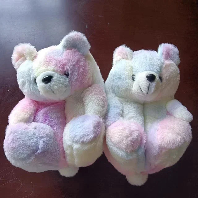 Cute Teddy Bear Plush Winter Slippers Wrapped in Heels Fun Indoor Floor Shoes Women's Gift Warm and Soft Cartoon Plush Animal Sl