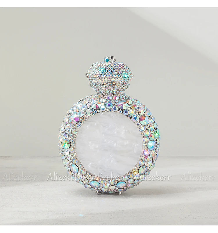 Alizekerr Perfume Bottle Shaped Crystal Evening Bags Women Gorgeous Classy Rhinestone Round Metal Clutch Purses Wedding Party