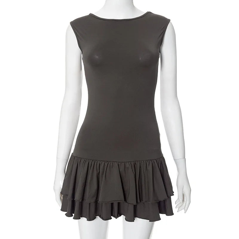 Women's Solid Pleated Short Dress Sleeveless O-neck Fashion Elegant Simple Mini Bodycon Dresses Slim Street Casual Party Holiday