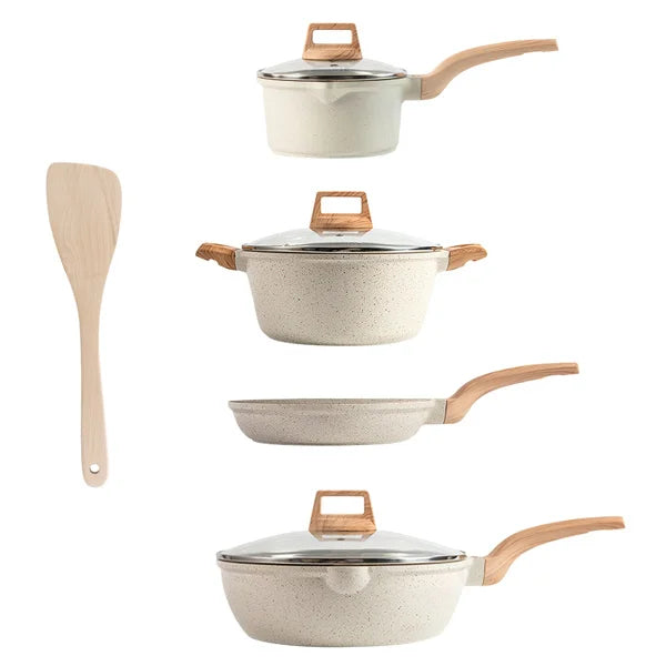 Kitchen Cookware Set Pots and Pans Set White Nonstick Granite Coating Dishwasher Safe Fast Even Heat Induction Frying Pan