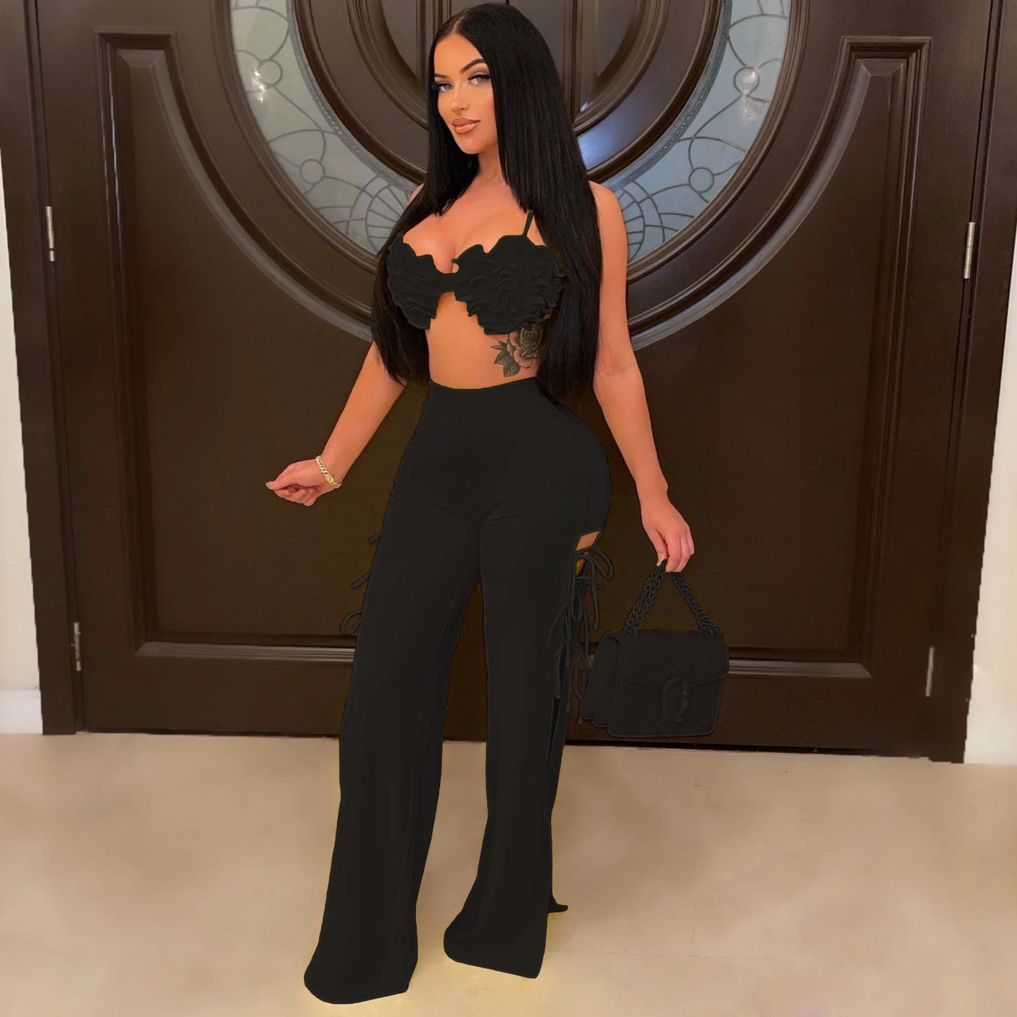 2022 Summer Women 2 Piece Set Floral Bra Tops and High Side Split Lace Up Wide Leg Pants Set Sweatsuit Tracksuit Outfits