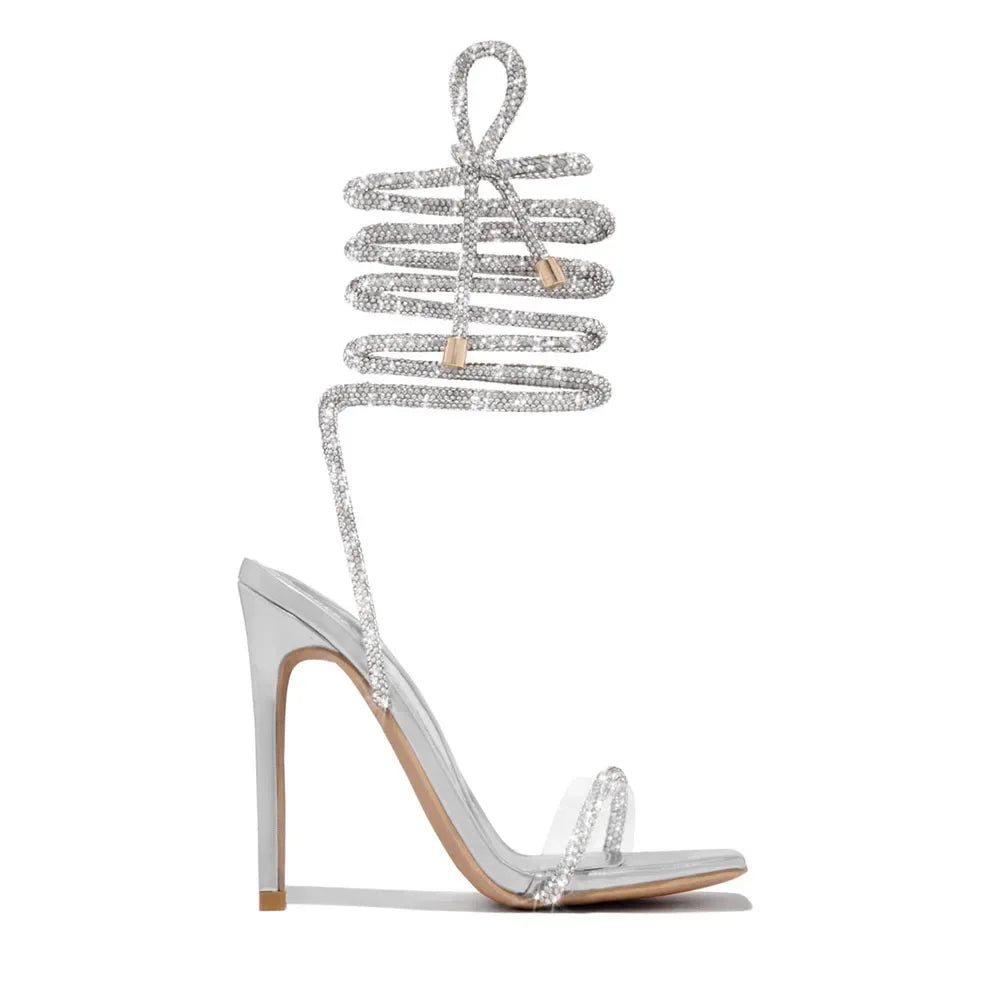 Eilyken CRYSTAL Diamond Thin High Heels Women Sandals Sexy Ankle Cross Strap Lace-Up Square Toe Party Dress Female Shoes