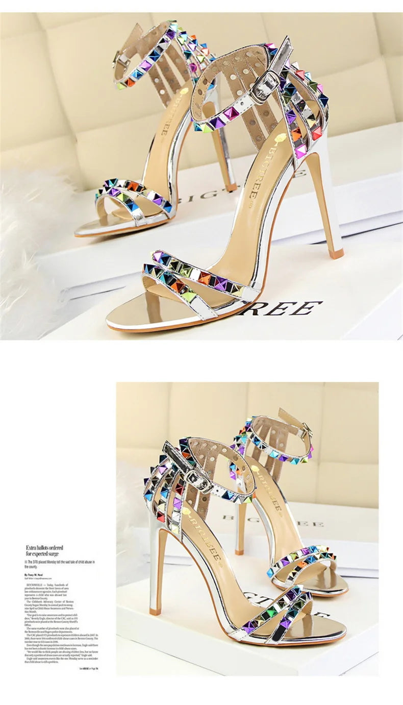 Summer Women Roman High Heels Rivets Studded Sandals Stiletto Gladiator Pumps Open Toe Luxury Shoes Hollow One-word Buckle 267-2