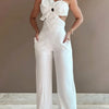2024 Summer Fashion White Jumpsuit Women Floral Pattern Shirred Hollow Out Casual Asymmetrical Neck Pocket Backless Jumpsuits