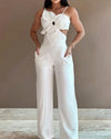 2024 Summer Fashion White Jumpsuit Women Floral Pattern Shirred Hollow Out Casual Asymmetrical Neck Pocket Backless Jumpsuits
