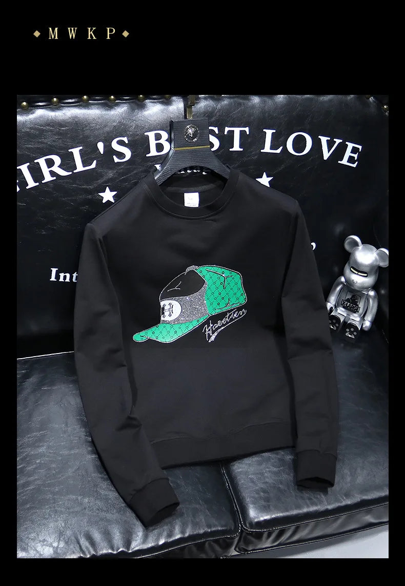 Round Collar Men's Pullover New Male Hoodies Personalized Hat Hot Diamond Print Fashionable Top Youth Bottoming Shirt Clothing
