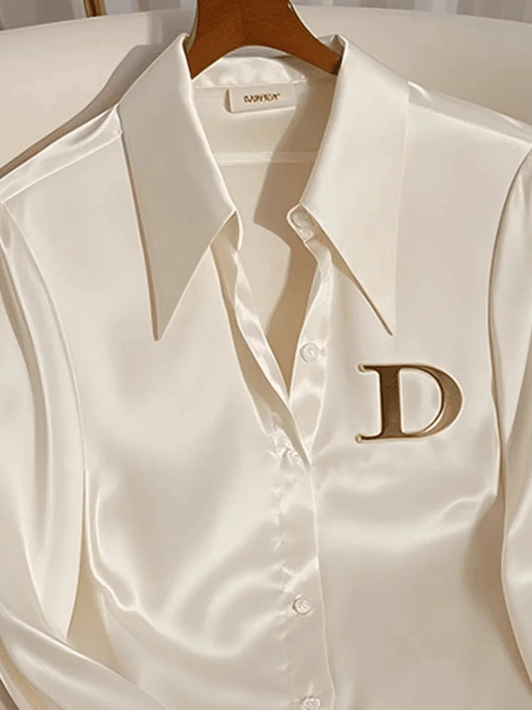Elegant French Women's White Satin Shirt Turn-down Collar Long Sleeve Blouse Autumn/Winter for Women Casual Simple Office Lady