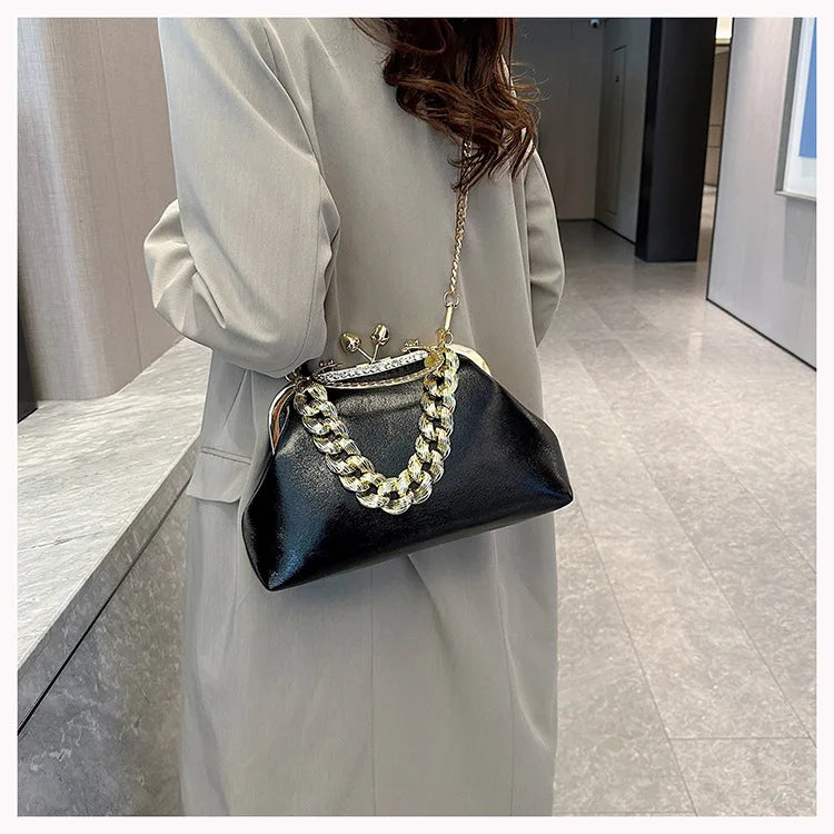 2024 Luxury Women Gold Green Chain Messenger Bags PU Leather Shoulder Bags Shell Clip Designer Handbag And Purse Wedding Clutch