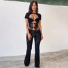 FAGADOER Sexy Lace See Through 2 Piece Sets Woman Outfit Hollow Out Crop Top + Flare Pants Female Y2K Streetwear Summer Spring