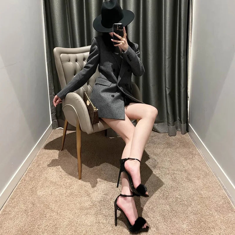 2025 Early Spring New Mink Hair High Heels One-word Sandals Square Head Stiletto Women's Shoes