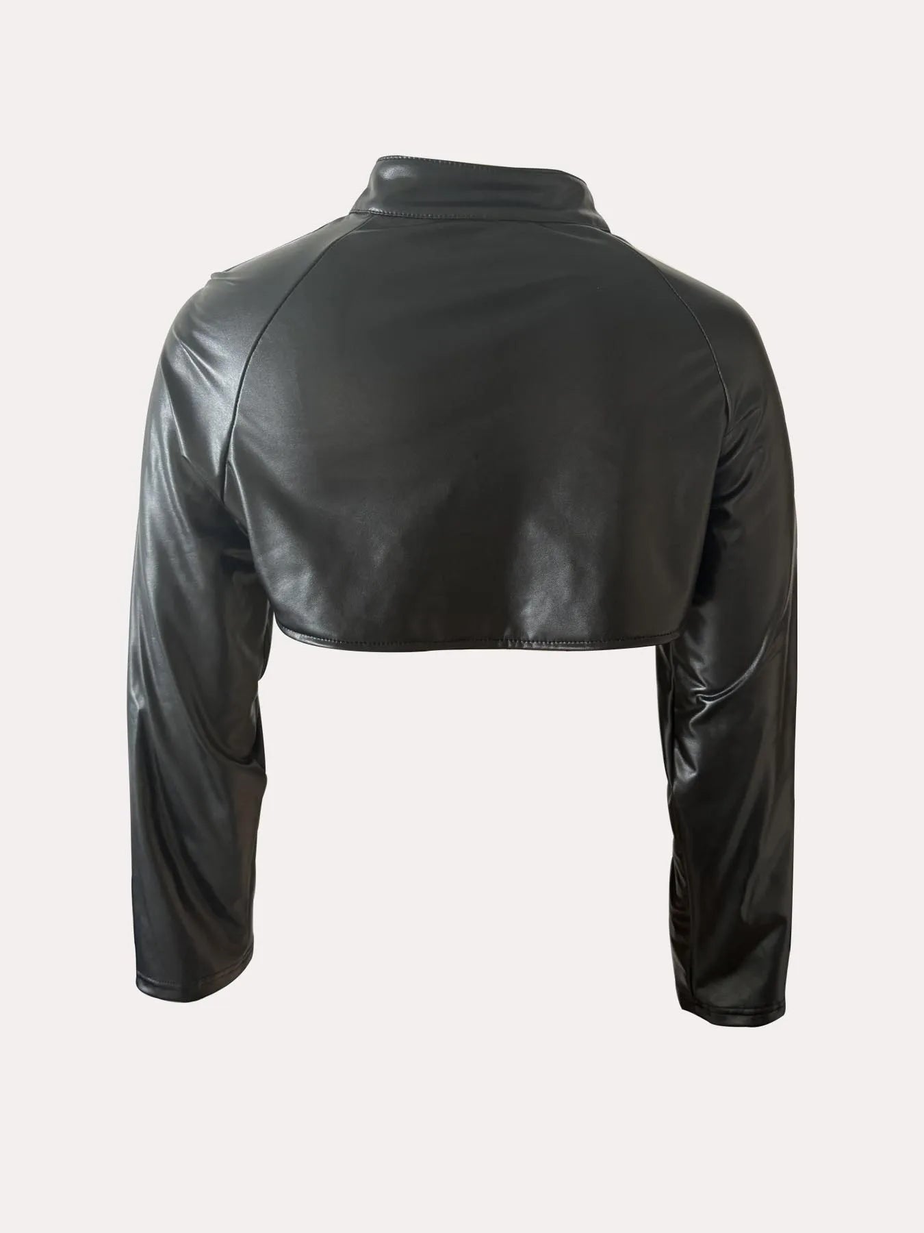 Chic Women's Faux Leather Jacket - Sexy Zip-Up Crop Top with Stand Collar, Long Sleeve, Solid Color -  PU Leather Jacket