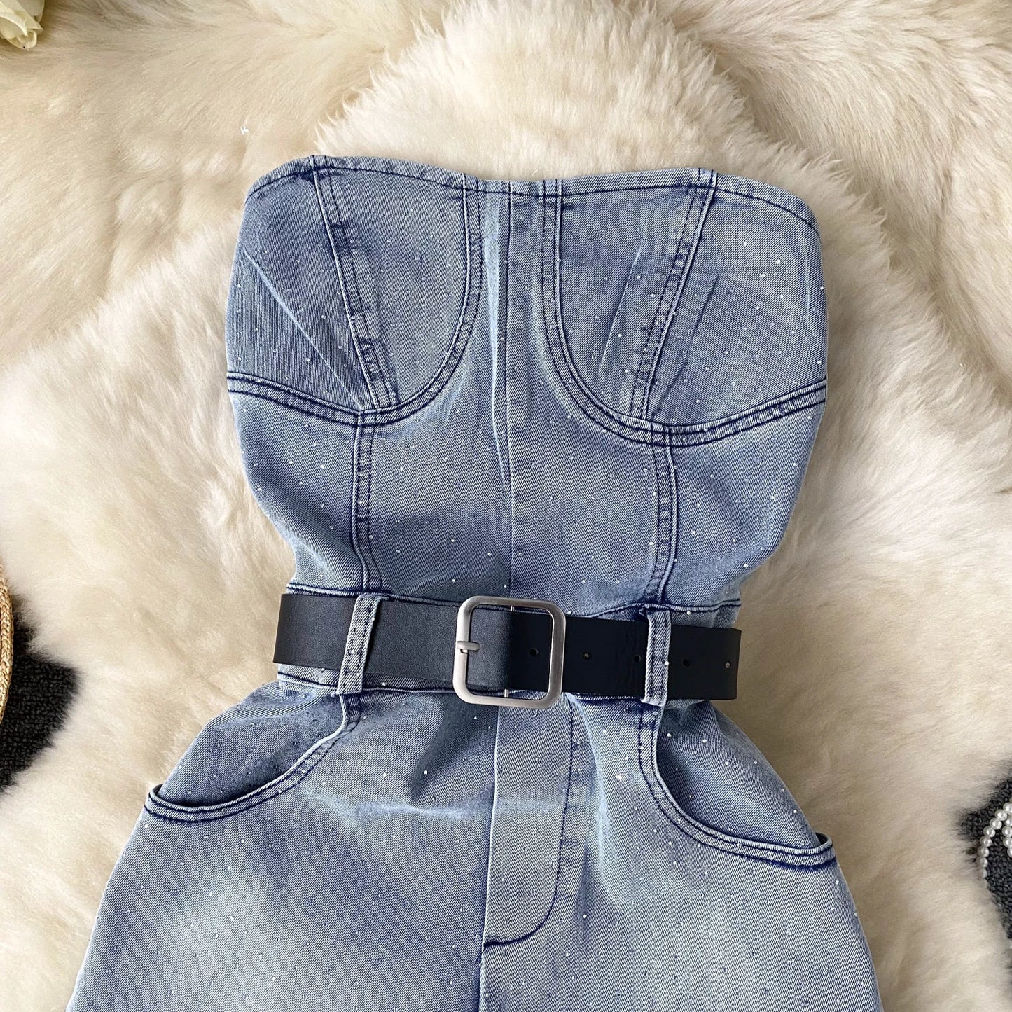 Women Denim one pieces Summer Playsuit Fashion Hot Drill High Waist Slim Sleeveless Strapless Sashes Outfits