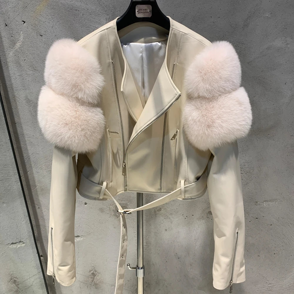 GO BALLISTIC YA Ladies' Genuine Leather Jacket with Fur Sleeve Women's Natural Lambskin Outfit