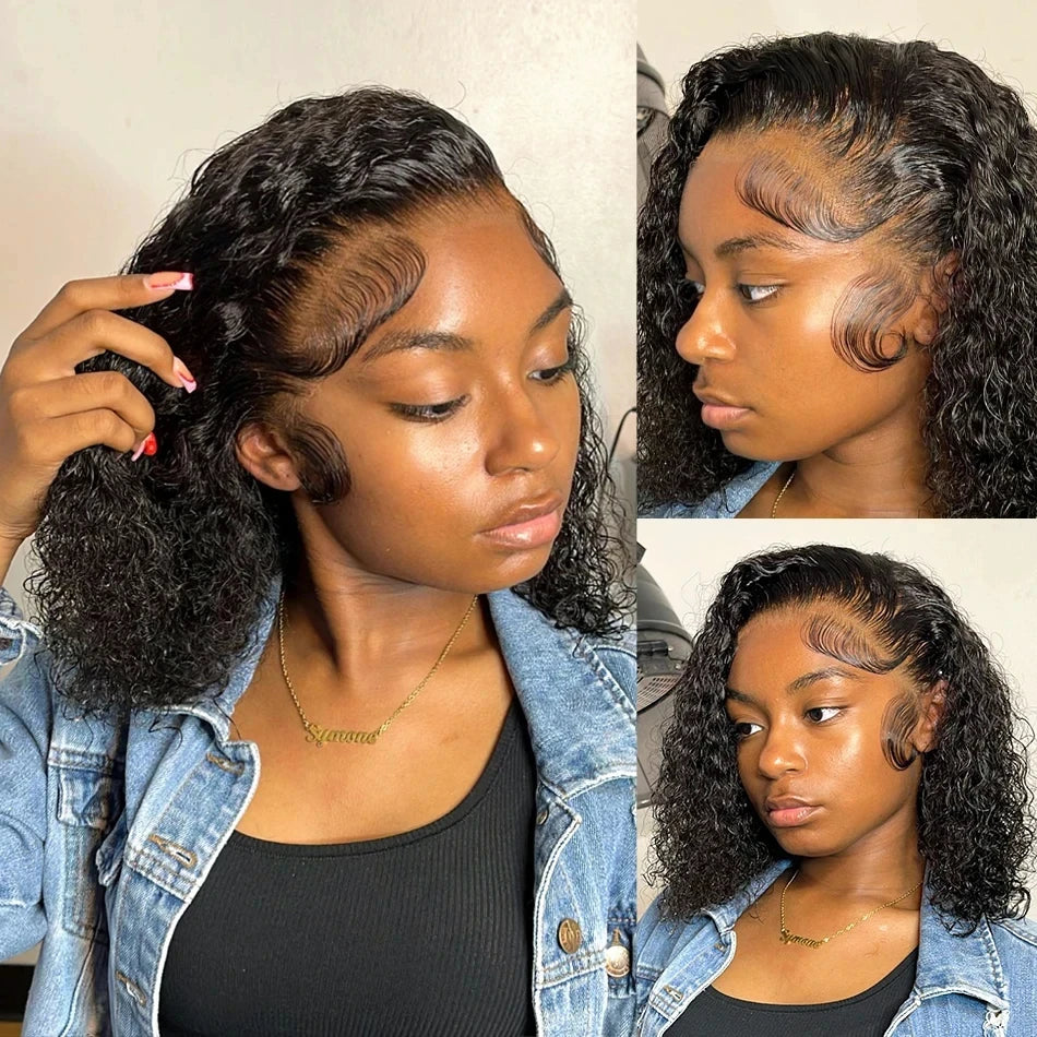 200% Density  Bob Wigs Short Pixie Cut Water Wave Wigs Human Hair Natural Black Brazilian Deep Curly Wigs For Black Woman  ﻿