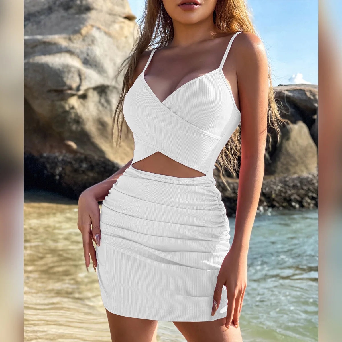 Women Sexy Cutout Bodycon Dress Euro Style Cross Back Straps Hollow Out Nightclub Party Evening Outfit Slim Fit Stretchy Dress