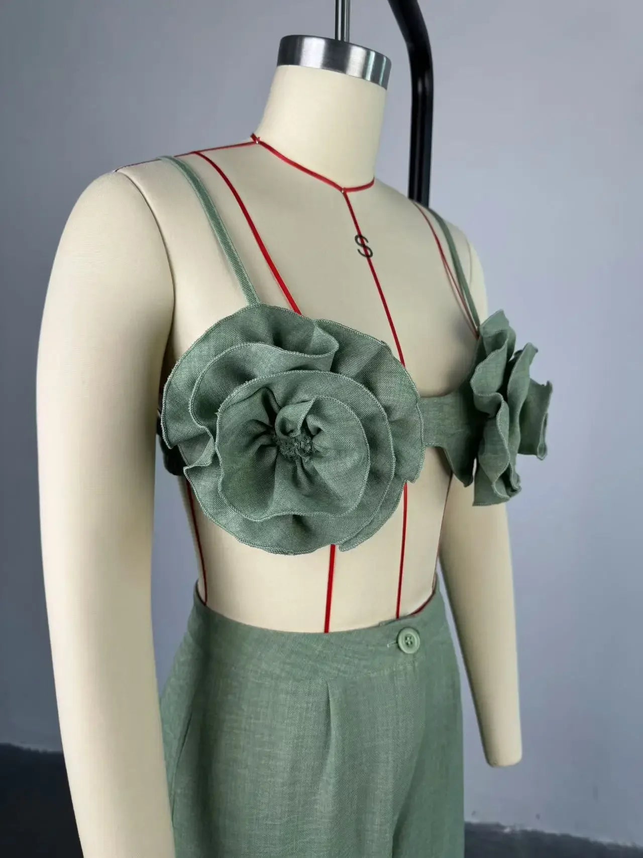 Women's Set Sleeveless 3D Flower Crop Bra Top+Wide Leg Pants Elegant beach holiday Two 2 Piece Set Outfits