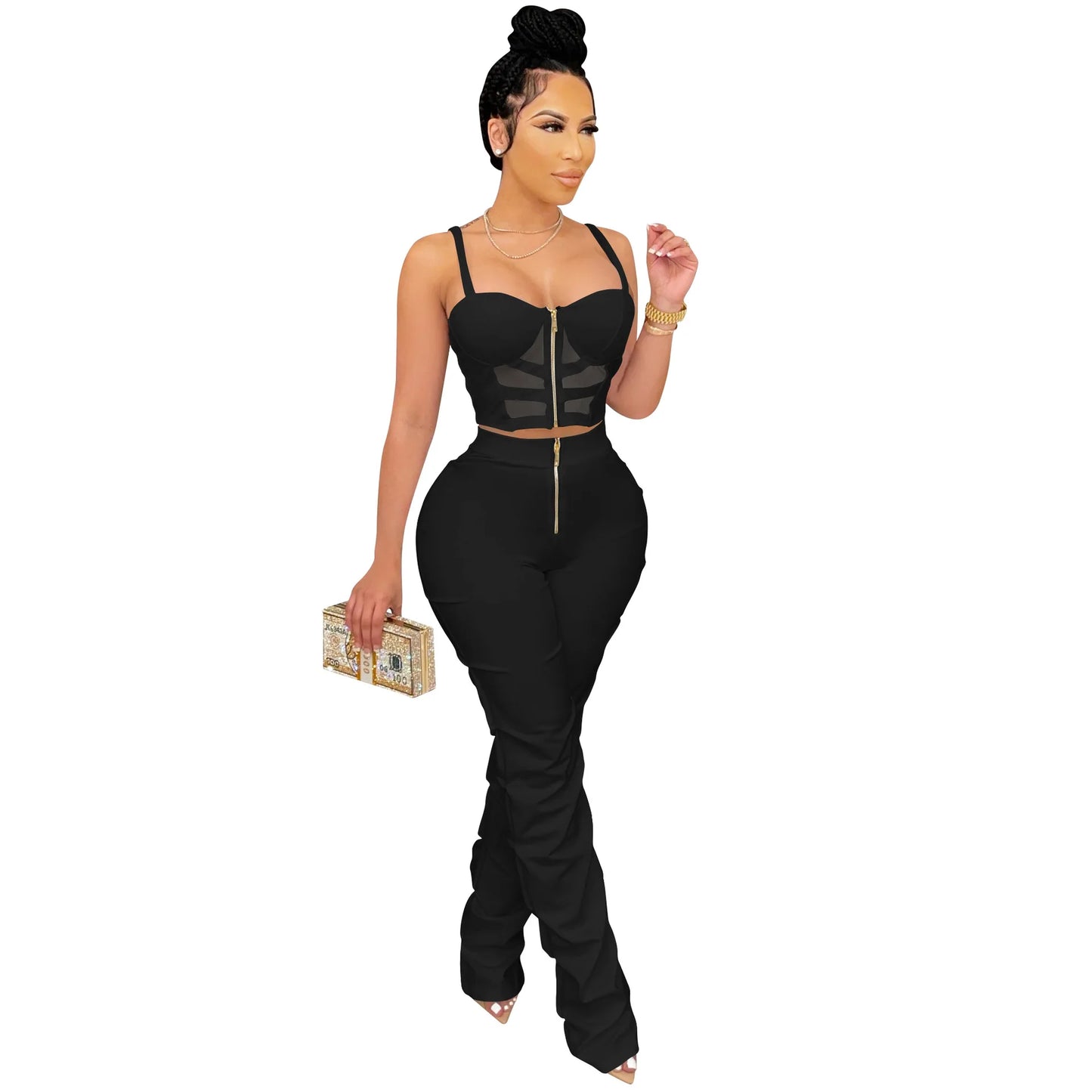 Sexy Solid Color Women's 2-Piece Slim Fit Open Back Zipper Tank Top+High Waist Trouser Set Amazing Bust Wrapping Street Clothing