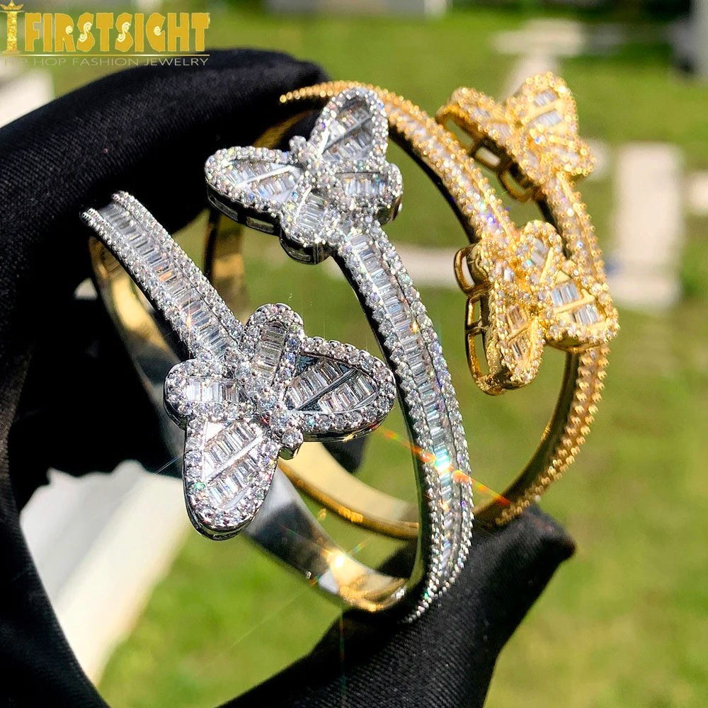 2025 New Iced Out Bling Opened Heart Flower Charm Bracelet AAA CZ Zircon Butterfly Bangle For Men Women Hip Hop Luxury Jewelry