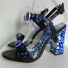 Luxury Diamond Crystal Decor Modern Sandals Women Blue And White Porcelain Print Ankle Strap Summer Shoes For Girls