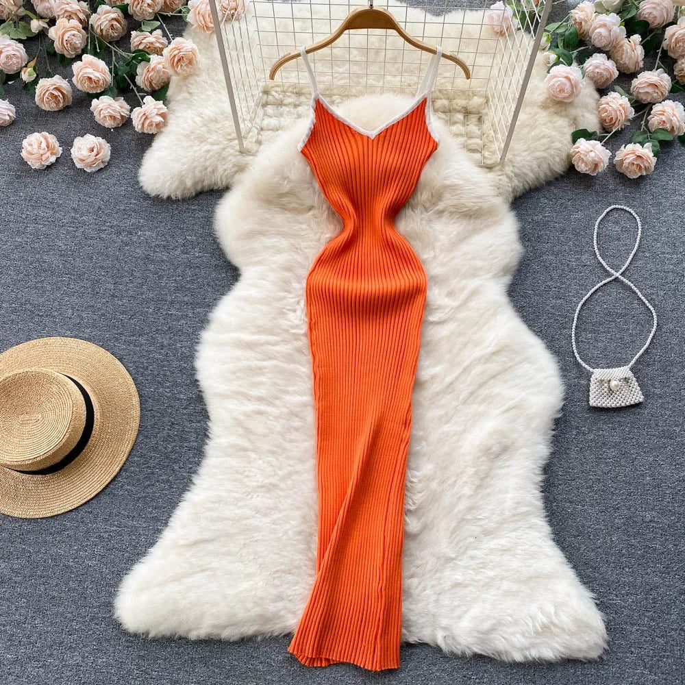 Summer V Neck Knit Sexy Strap Dress Women Elatic Waist Bodycon Sundress Female Beach Backless Maxi Long Dress