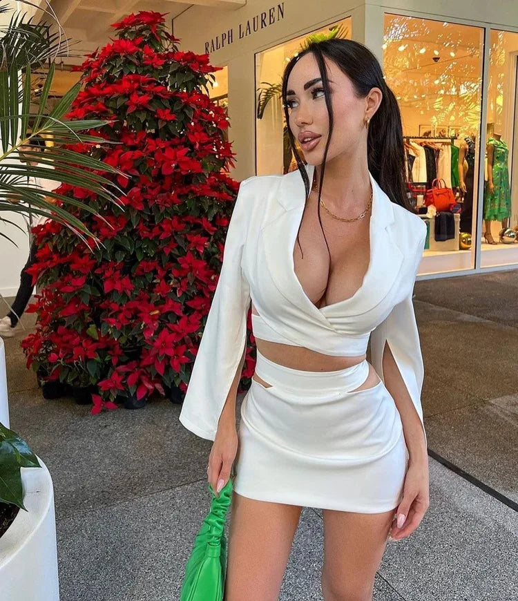 sets for women 2 pieces Sexy Lapel Long Sleeve Jackets + High Waist Hollow Out Skirts Set 2024 Woman Clothes Women's Suits