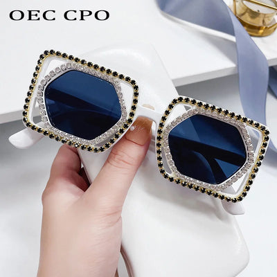 Square Luxury Diamonds Sunglasses Women Punk Fashion Rhinestone Sun Glasses Female Shiny Sexy Yellow Lens Eyewear Shade Handmade