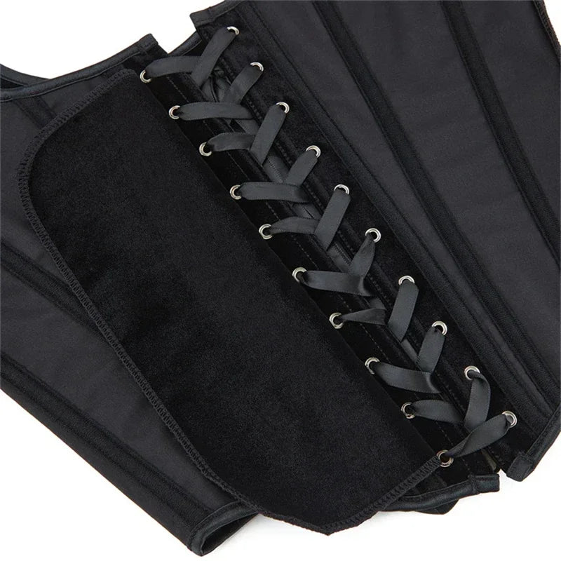 Black Velvet Sexy Overbust Corset Crop Tops Women Front Lace Up Side Zipper Shoulder Strap Bustier Vest Slimming Shaper Camis