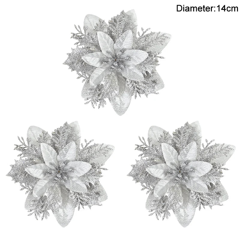 3/10pcs 14cm Christmas Flowers Glitter Red Gold Flower Head Xmas Tree Ornament New Year Decorations for Home Navidad Noel Gifts