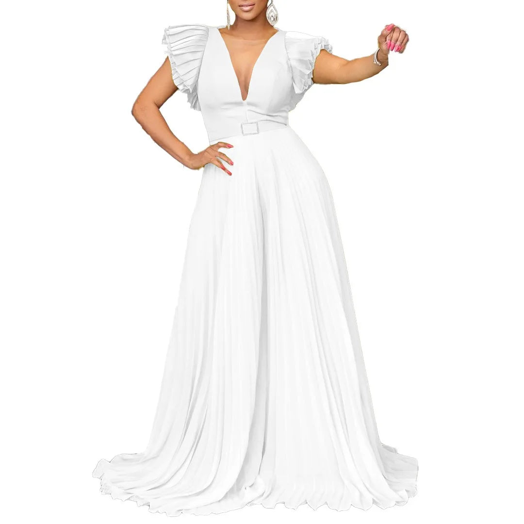 Elegant Pleated Jumpsuits & Rompers for Women V Neck Ruffles Belt Waisted High Waisted Floor Length Luxury Birthday Party Outfit