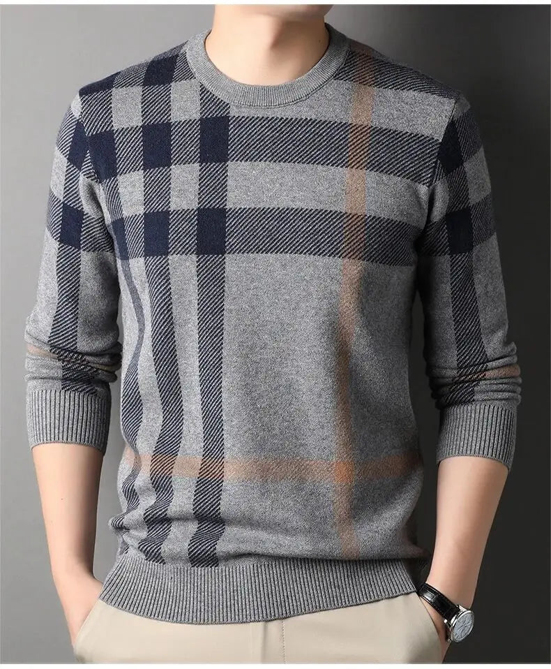 High Quality Luxury Men's Knitted Pullover Autumn Winter O-Neck Striped Wool Sweater British Casual Fashion Versatile Knitwear