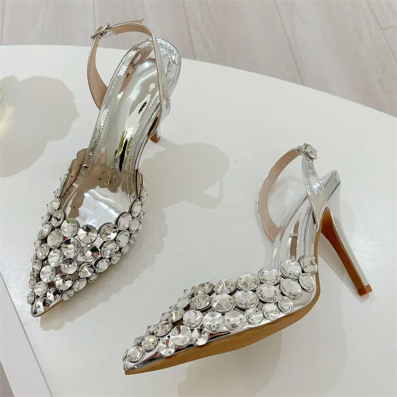 Eilyken Sexy Pointed Toe Women Pumps Elegant Crystal PVC Transparent Thin High Heels Slingback Party Prom Female Shoes